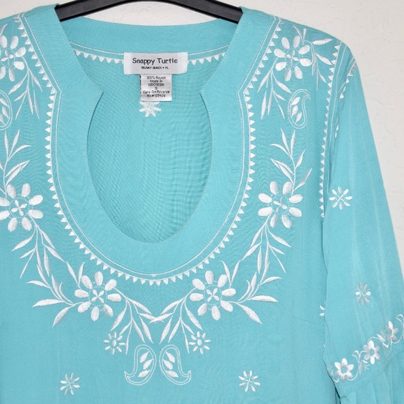 😎 Snappy Turtle Tunic S Embroidered Horseshoe Neckline Bell Sleeve Blue Blouse - Picture 2 of 7